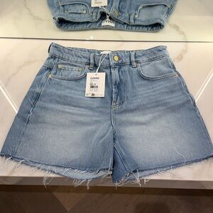 Ganni Light Blue Frayed Denim Shorts